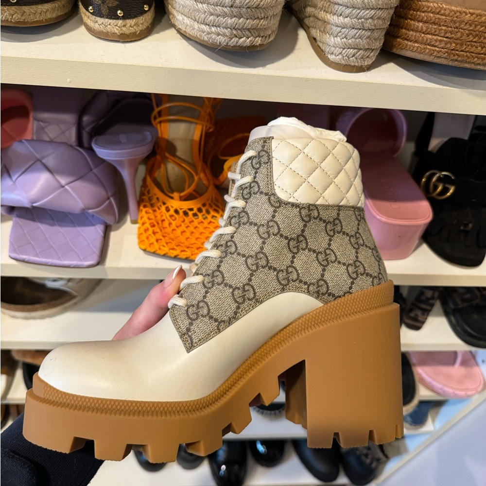 NEW Gucci - Calfskin Monogram Nappa Quilted Ankle Boots - Mystic White Beige